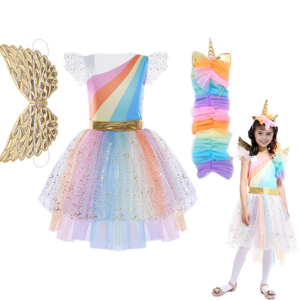Mädchen Kinder Festlich Kleid Einhorn Cosplay Kostüm Mit
