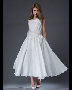 Maxikleider  Weiße Leinen Maxi Kleid Prom Kleid C853