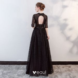 Mode Schwarz Abendkleider 2018 A Linie Perlenstickerei