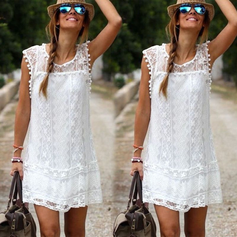 Neu Damen Weiß Sommer Minikleid Strandkleid Cocktailkleid