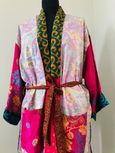 Option E Damen Sari Seidig Gemusterte Patchwork Kimono