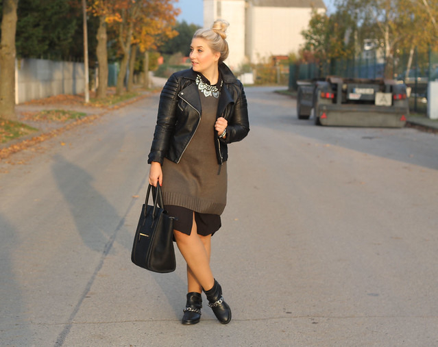 Outfit Khaki Longpullover Blusenkleid Zara Boots