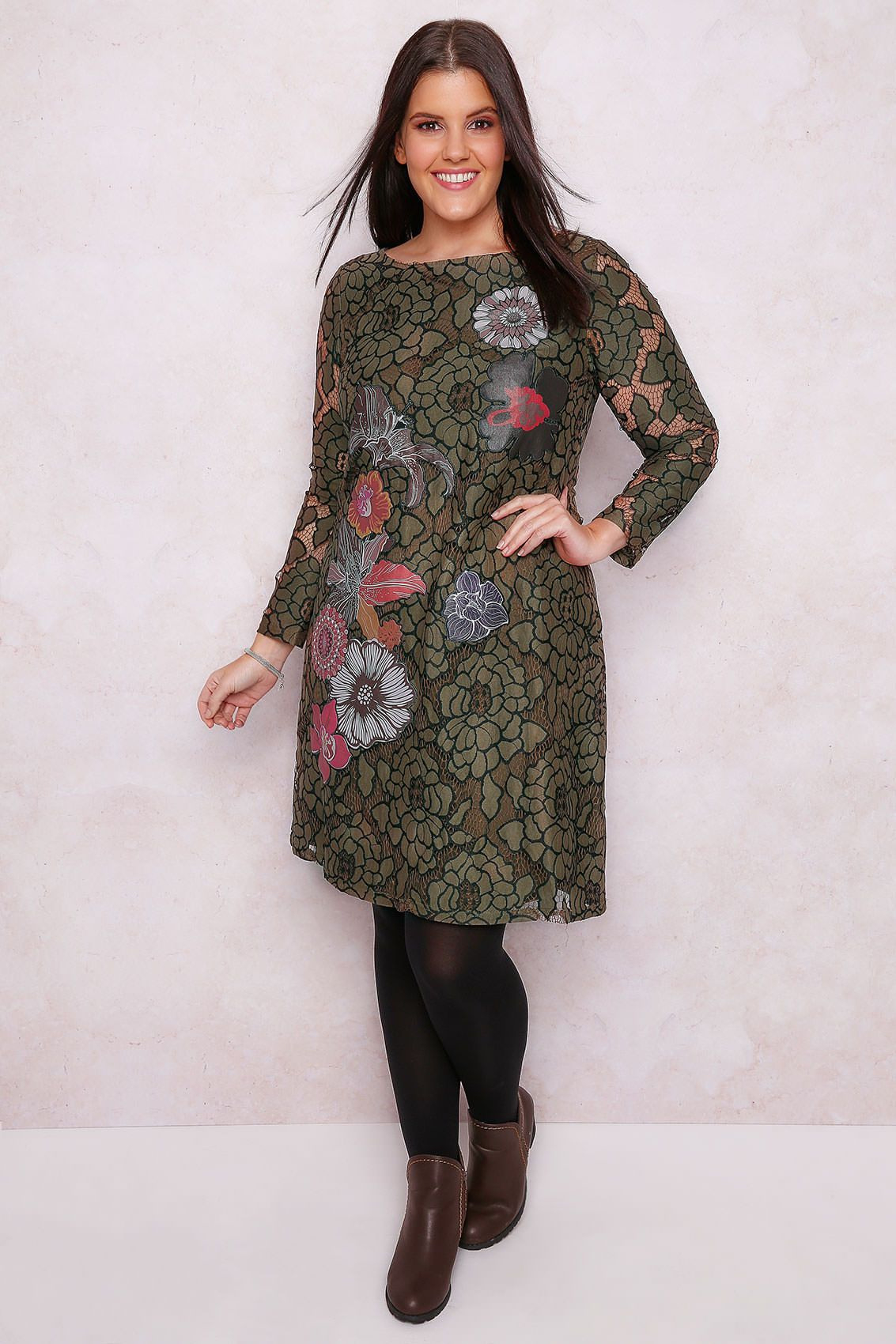 Paprika Khaki  Multi Lacey Overlay Floral Print Dress
