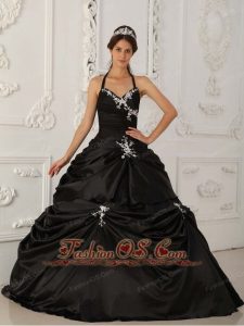 Pretty Black Quinceanera Dress Halter Taffeta Appliques A