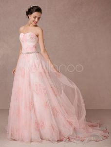 Rosa Kleid Blumen Hochzeit Druckt Tüll Brautkleid