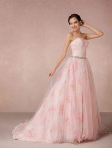 Rosa Kleid Blumen Hochzeit Druckt Tüll Brautkleid