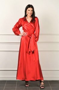 Roter Satin Maxi Kleid / Wrap Robe Kleid Manschette Lange