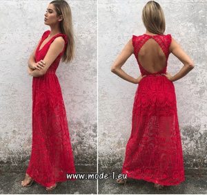 Rotes Rückenfreies Spitzenkleid Sommerkleid Lang  Kleid