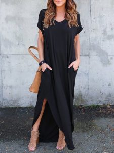 Schwarz Kurzarm Vausschnitt Taschen Maxikleid Kleid
