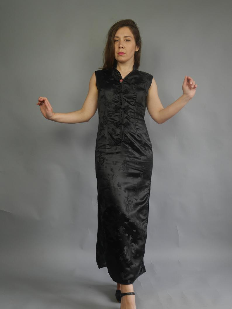 Schwarze Jacquard Chinesische Kleid Sleevless Maxi