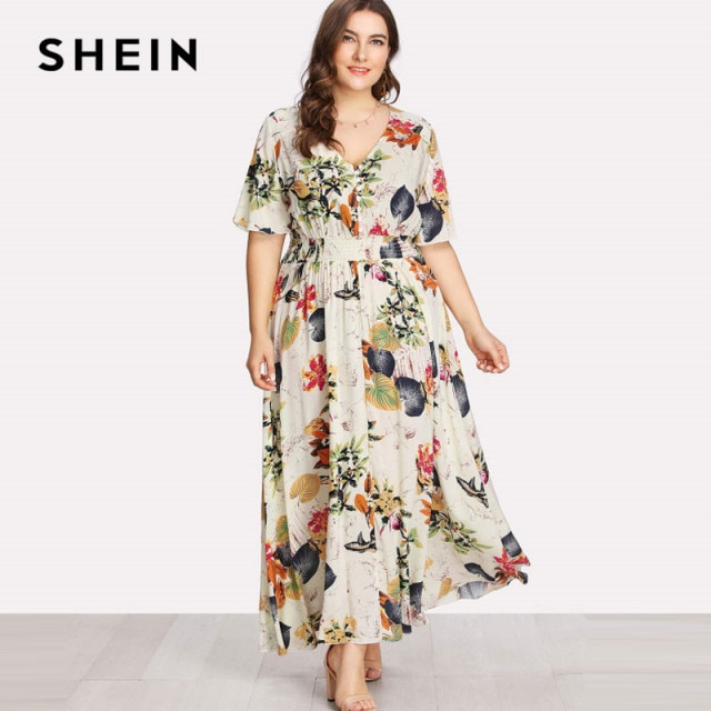 Shein Floral Plus Größe Weißes Kleid Frauen Maxi Lange
