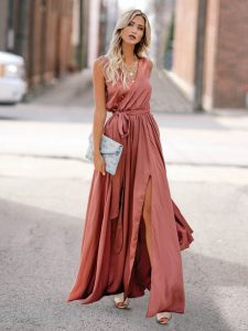 Sleeveless Belted V-Neck Maxi Dress#Belted #Dress #Maxi #