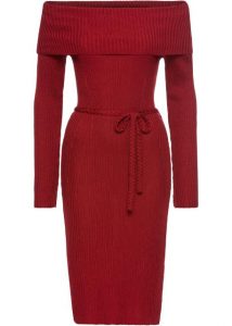 Strickkleid Rot Damen Kleider Carmenausschnitt Kleid