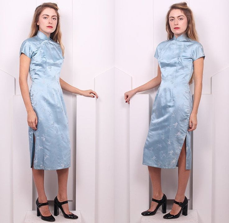 Vintage 1960 Seide Damast Baby Blau Cheongsam Kleid • 60Er