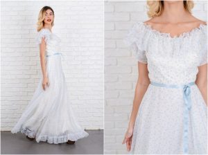 Vintage 70Er Jahre Boho Kleid Elfenbein Weiß Hochzeit Blau