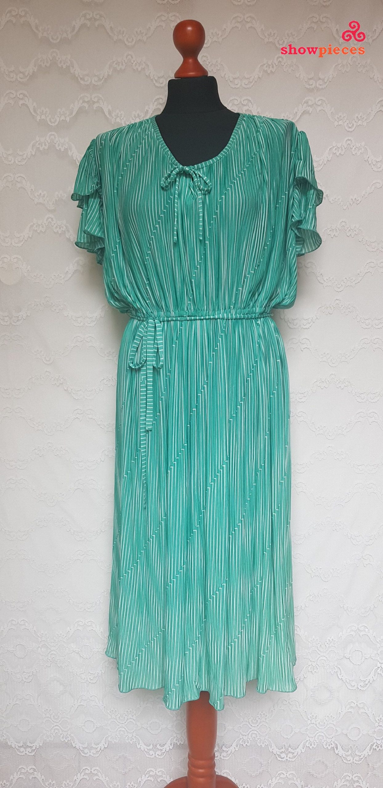 Vintage 70Er Kleid / Grün Weiß Gestreift / Kurzarm / Größe