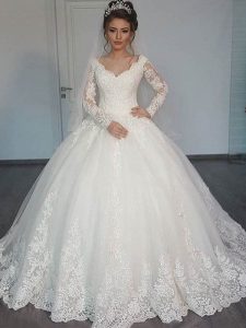 Vintage Vneck Long Sleeves Appliques Ball Gown Wedding