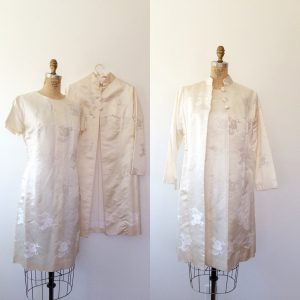 Vintage Wedding Dress / Cream Silk Dress / Mandarin Jacket
