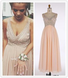 Vneck Prom Dresseslong Pink Evening Dress With Beading