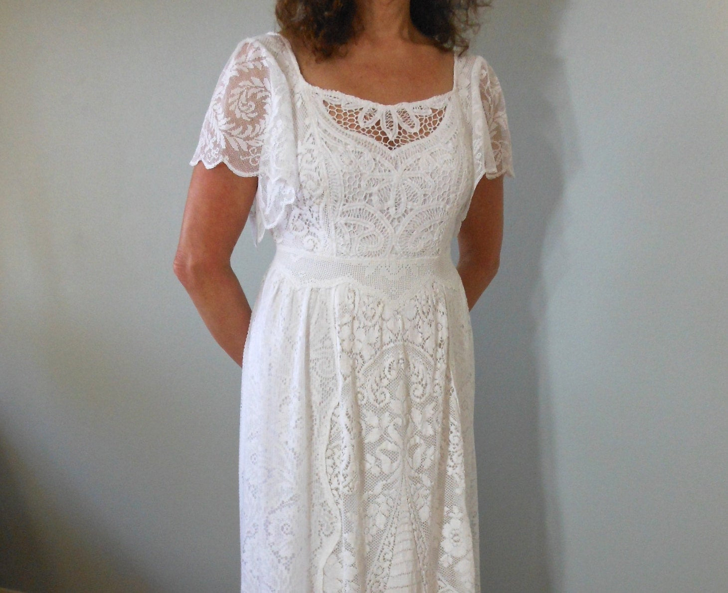 Weiße Boho Hippie Spitzen Häkeln Hochzeit Kleid