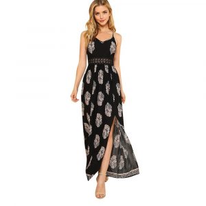 Womens Sexy V Neck Dress Feather Print Hollow Stitching