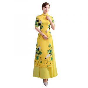 Yellow Cheongsam Long Qipao Dress Style Chinois Femme