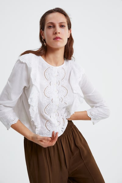 Zara  Female  Ruffled Embroidered Blouse  Offwhite  S