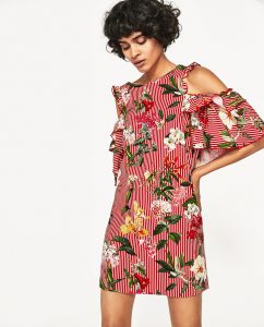 Zara Red Stripes And Flowers Off The Shoulder Dress  Mini