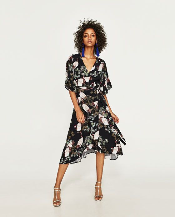 Zara  Woman  Printed Midi Dress With Belt  Kleider Für